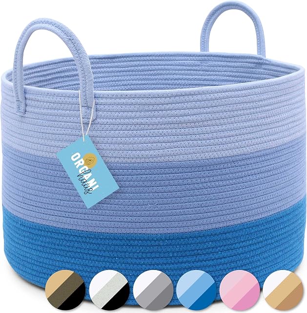 OrganiHaus Large Cotton Rope Blanket Basket | Rope Storage Baskets | Toy Storage Basket for Kids | Woven Laundry Basket, Nursery Woven Basket | Rope Basket & Toy Basket Storage 50x33cm - Blue