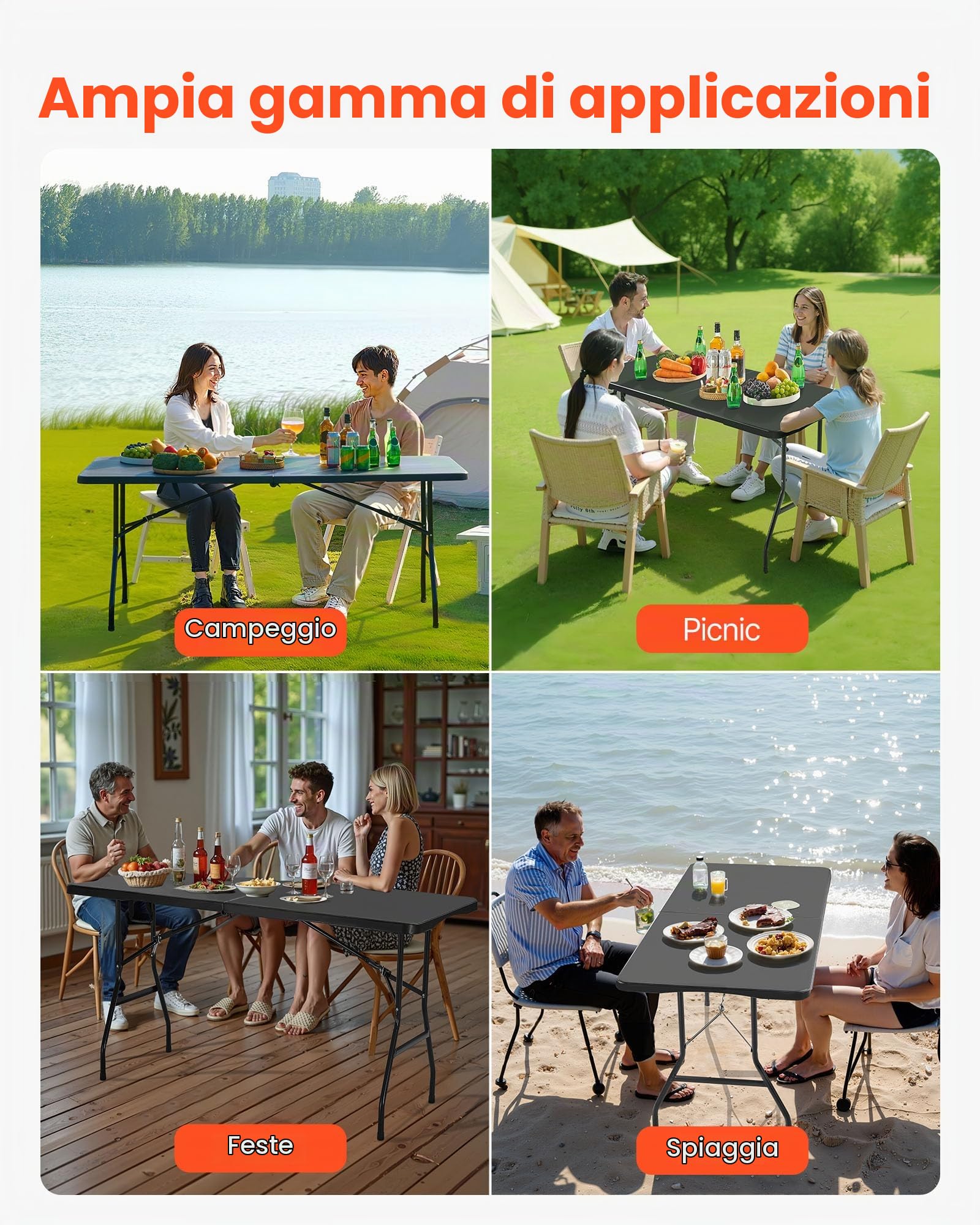 VEVOR Tavolo Pieghevole a Metà, Tavolo in Plastica Resistente Portatile e Rettangolare da 1800x740x740 mm, per Interni ed Esterni con Maniglia Integrata, per Feste, Cene, Picnic, Bianco