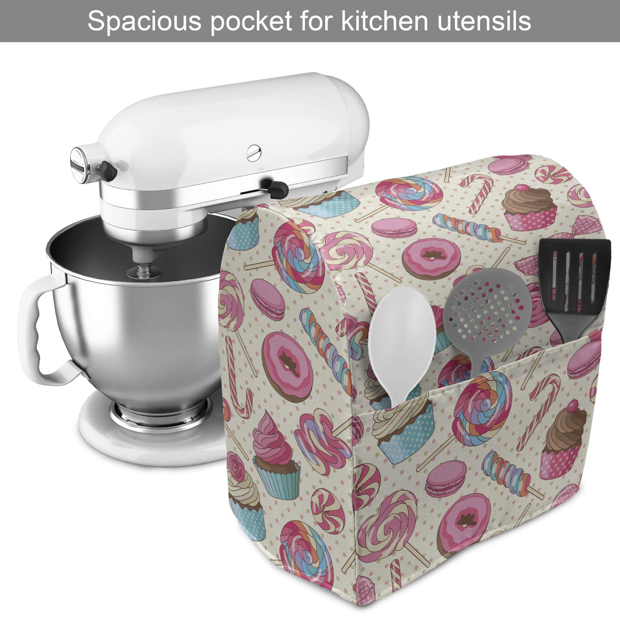 Ambesonne Candy Cane Stand Mixer Cover, Yummy Lollipop Candy Macaroon Cupcake and Donut on Polka Dots Pattern, Kitchen Appliance Organizer Bag Cover with a Pocket, 6-8 Quarts, Multicolor