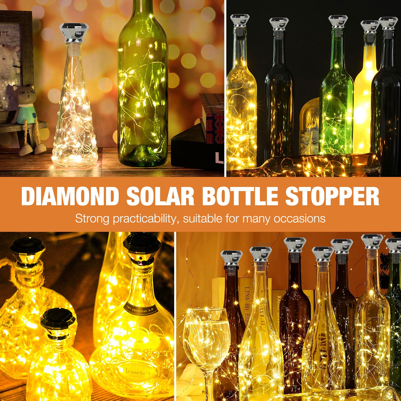 8 Stück Solar Flaschen Licht, Solar LED Flaschenlichter, 2M 20LED Flaschenlichterkette Korken, Außen LED Korken Weinflasche Lichtkette für Flasche DIY, Party, Garten, Hochzeit Deko(Warmweiß)