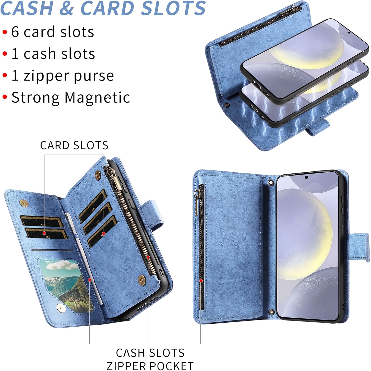 Asuwish Phone Case for Samsung Galaxy S24 Plus/S25 Plus S24+ S25+ 5G Zipper Wallet Cell Cover with Screen Protector Strap Flip Card Holder Slot S24Plus 24S + S 24 24+ S25Plus 25S 25+ Women Blue