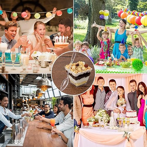 Miniatura 7 de Colovis Tazas Mini para Postres, 100 CT Tazas de Plástico Transparente de 2oz para Parfait y Aperitivos con Cucharas, Cuencos Mini Cuadrados para