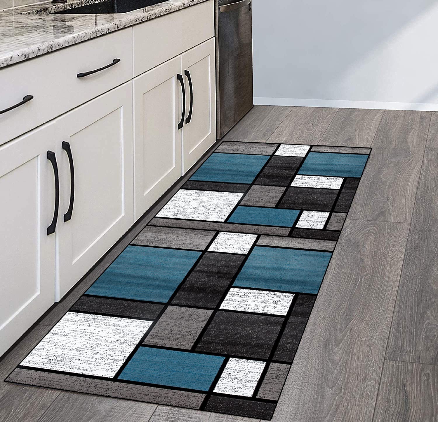 Teppich läufer Flur Grau und Blau rutschfest 60x150cm Küchenteppich Patchwork Waschbar Meterware Schlafzimmer Korridor Teppich Lang, Länge Anpassbare, 40-120cm Breit