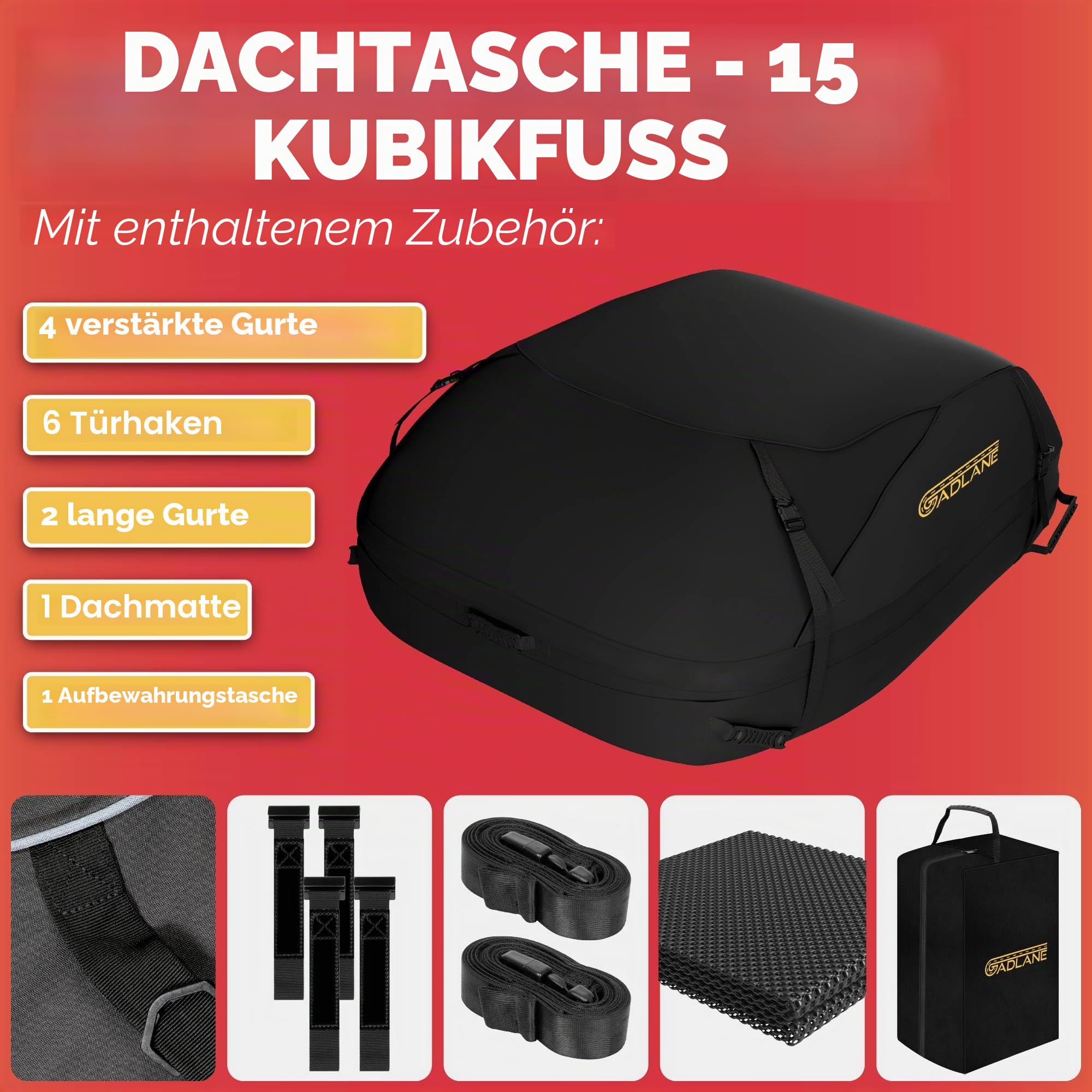GADLANE Auto Dachtasche 400L Wasserdicht Dachbox für Autos & SUV mit oder ohne Dachträger mit 4 stabilen Gurten Anti-Rutsch-Matte Aufbewahrungstasche (Schwarz)