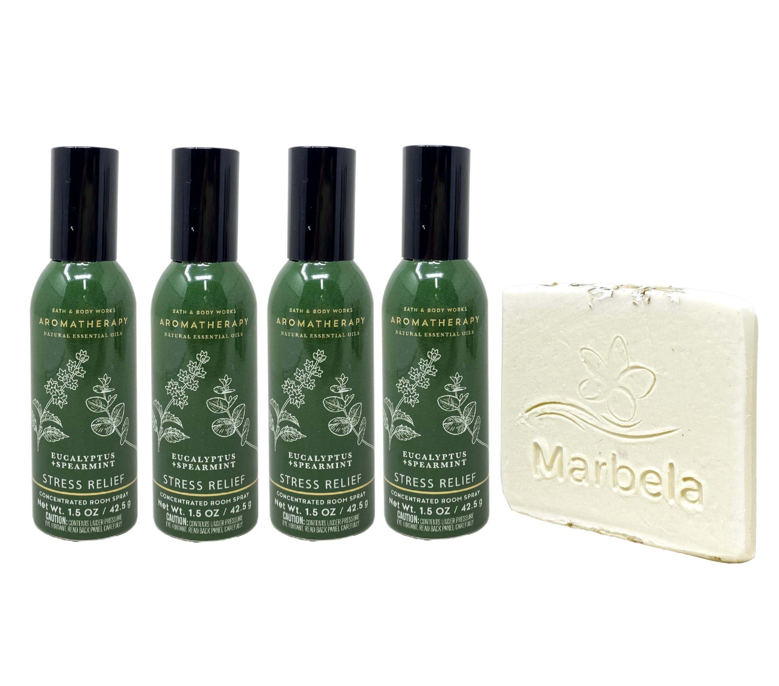 Bath & Body Works Eucalyptus + Spearmint Concentrated Room Spray 4 Piece Bundle with a Natural Oats Sample Soap