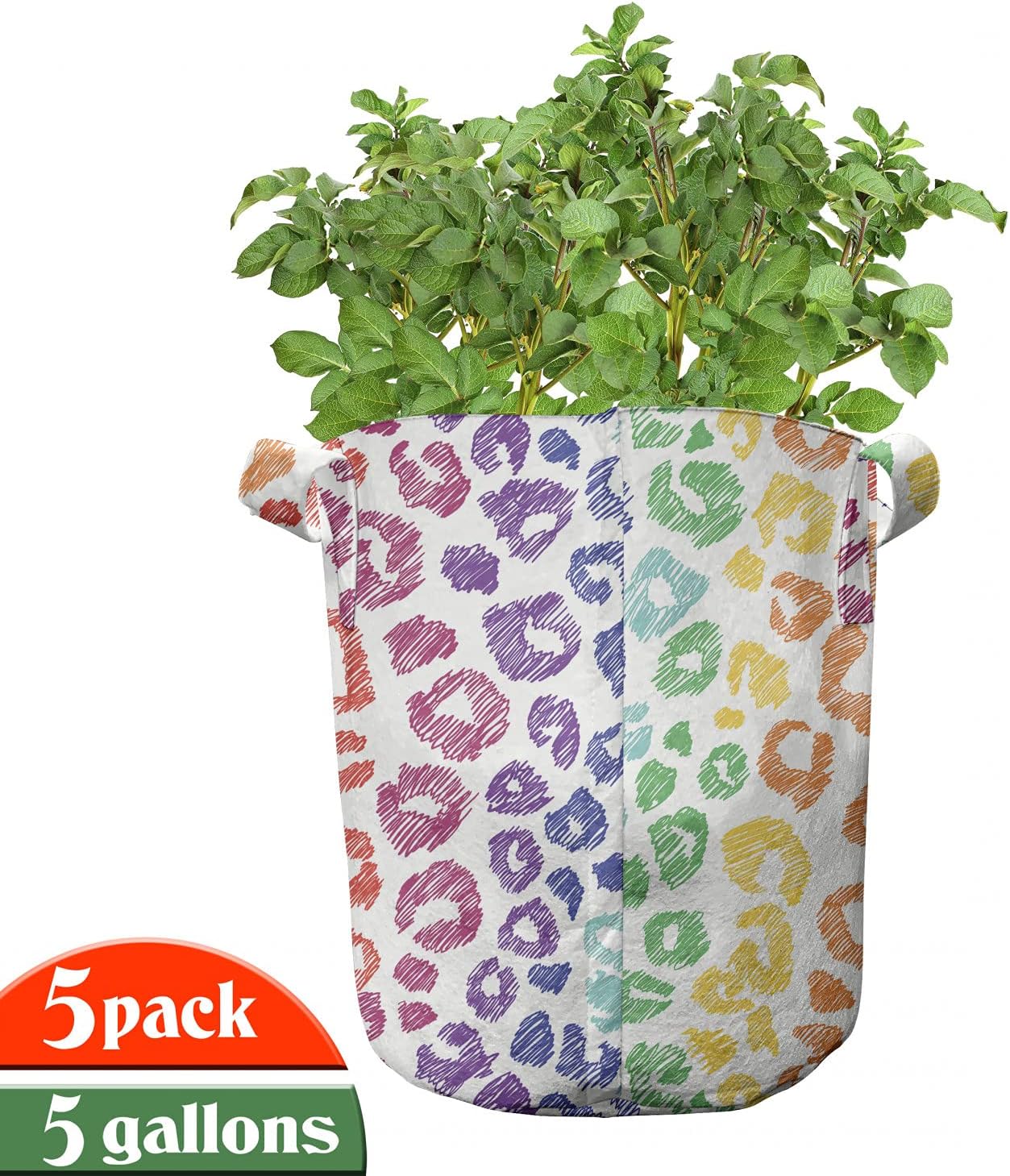 Ambesonne Leopard Rainbow Grow Bags 5-Pack, Colorful Animal Art, Heavyduty Fabric Pots with Handles for Plants, White and Multicolor