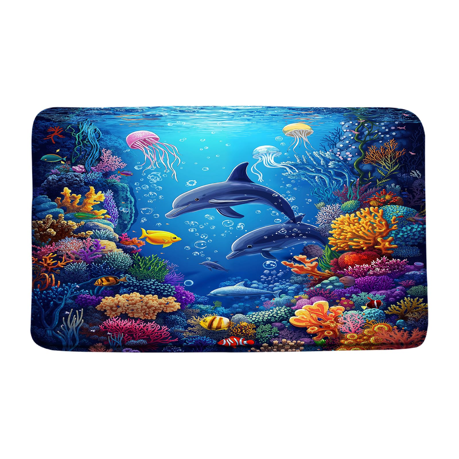 Dolphin Ocean Bath Mat Blue Underwater World Sea Animal Tropical Fish Coral Reef Jellyfish Beach Nautical Cartoon Decor Bathroom Rug Floor Mat