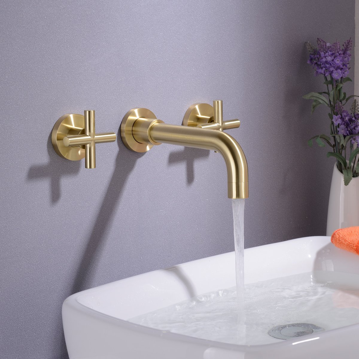Grifo mezclador para lavabo TRUSTMI en oro cepillado, para montaje en pared, 2 manijas, grifo de baño de latón