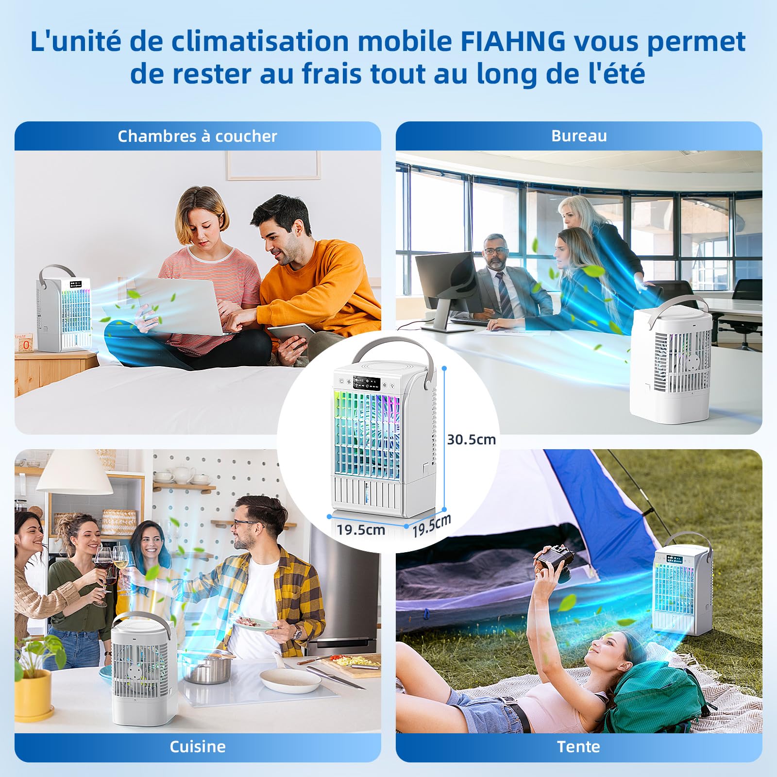 Climatiseur portable, mode atomisation, mini ventilateur à 4 vitesses, ventilateur de refroidissement programmable,lanternes RGB, convient aux chambres et aux bureaux - blanc pur