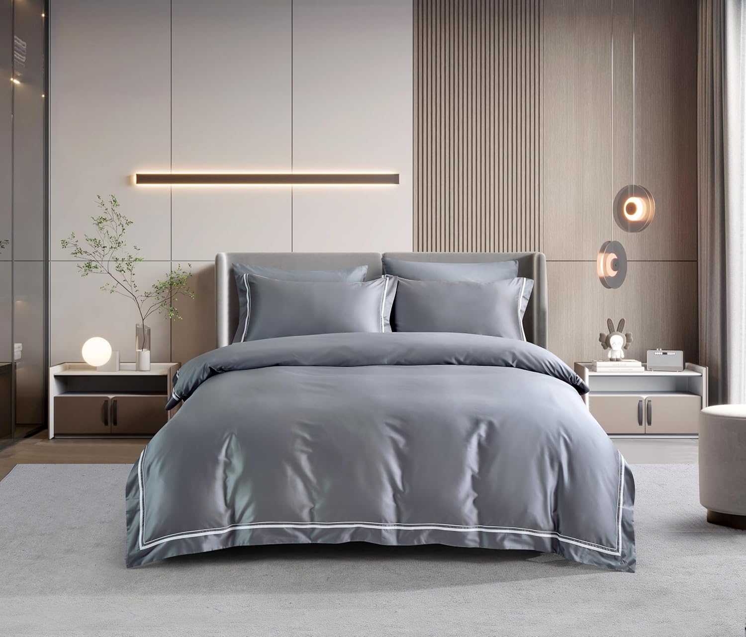 Casabolaj Duvet Covers Set 3 Pieces Do Not Include Filling Grey Color 100% Cotton Sateen (Gray, Queen (U.S. Standard))