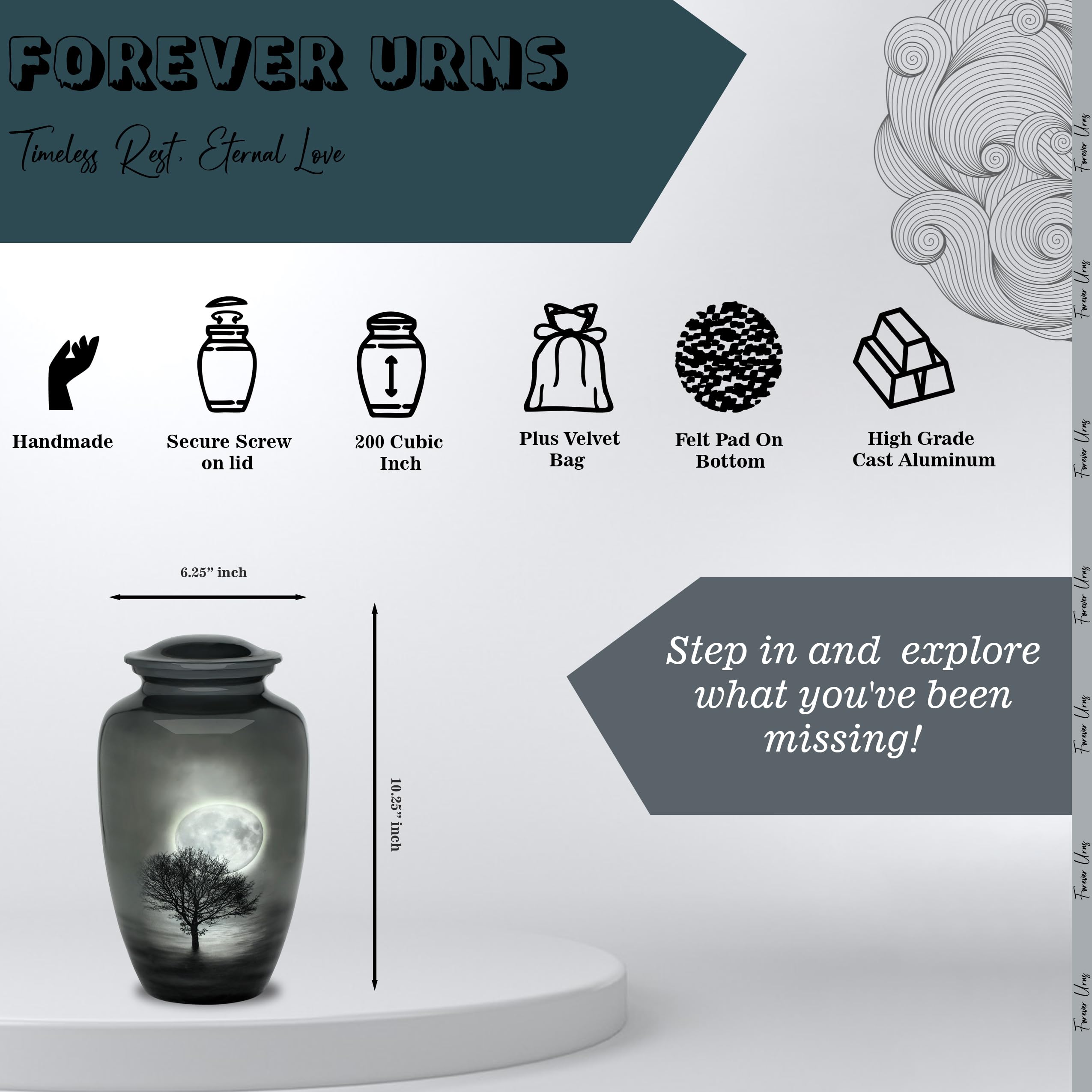 Forever URNS Adult Cremation Funeral Urn with Moon Night Tree Printed Theme for Human Ashes of Female & Male | 200 cu in | Large | Multicolor | Completely Handcrafted with Velvet Protection Bag