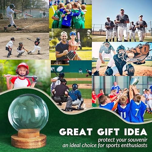 Miniatura 6 de JupDec Estuche de exhibición de béisbol, soporte redondo transparente para pelotas con base de madera, caja de soporte de béisbol con autógrafo para