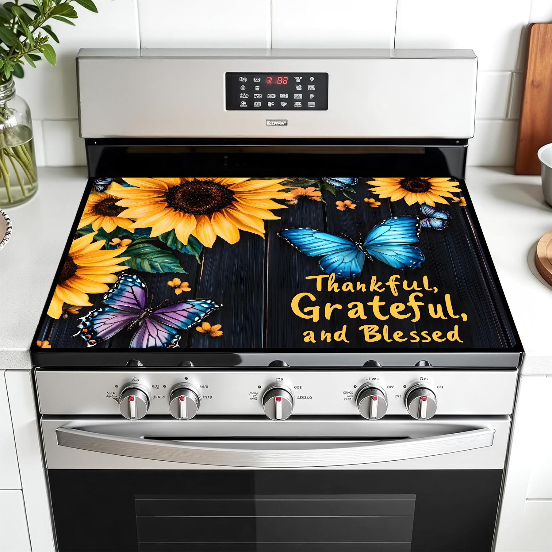 Multi-Design Stove Top Cover for Glass/Electric Stoves - 3-in-1 Heat-Resistant Protector Mat, Non-Slip Drying Rack 28"x20" (Sunflower-Butterfly, 28" L x 20" W)