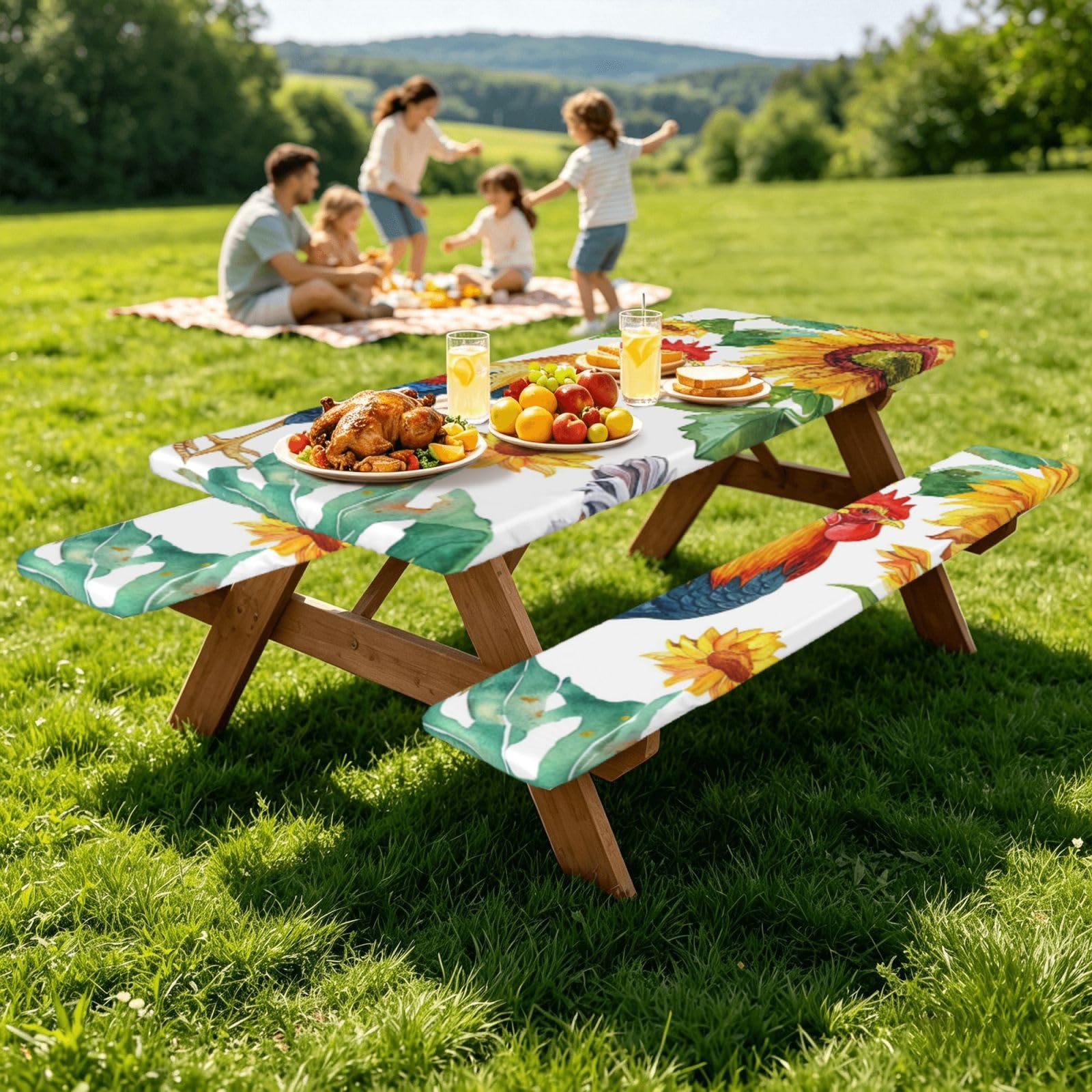 Nappe de pique-nique ajustée avec housses de banc, nappe de camping imperméable pour l'extérieur - Motif tournesol aquarelle - 183 cm
