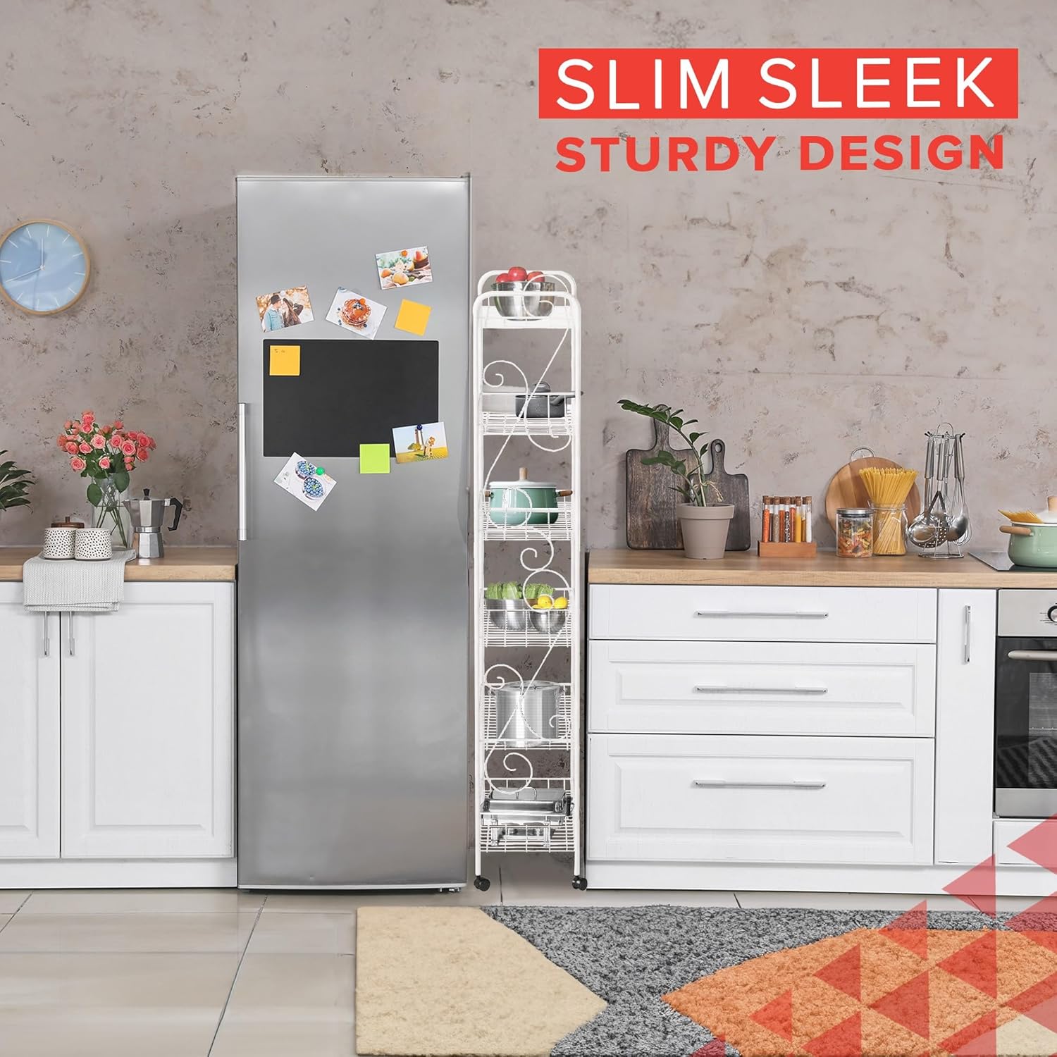 Slim Rolling Pantry Cart 6-Tier Shelf - Space-Saving Kitchen & Spice Rack on Wheels, 6" Deep, White Metal