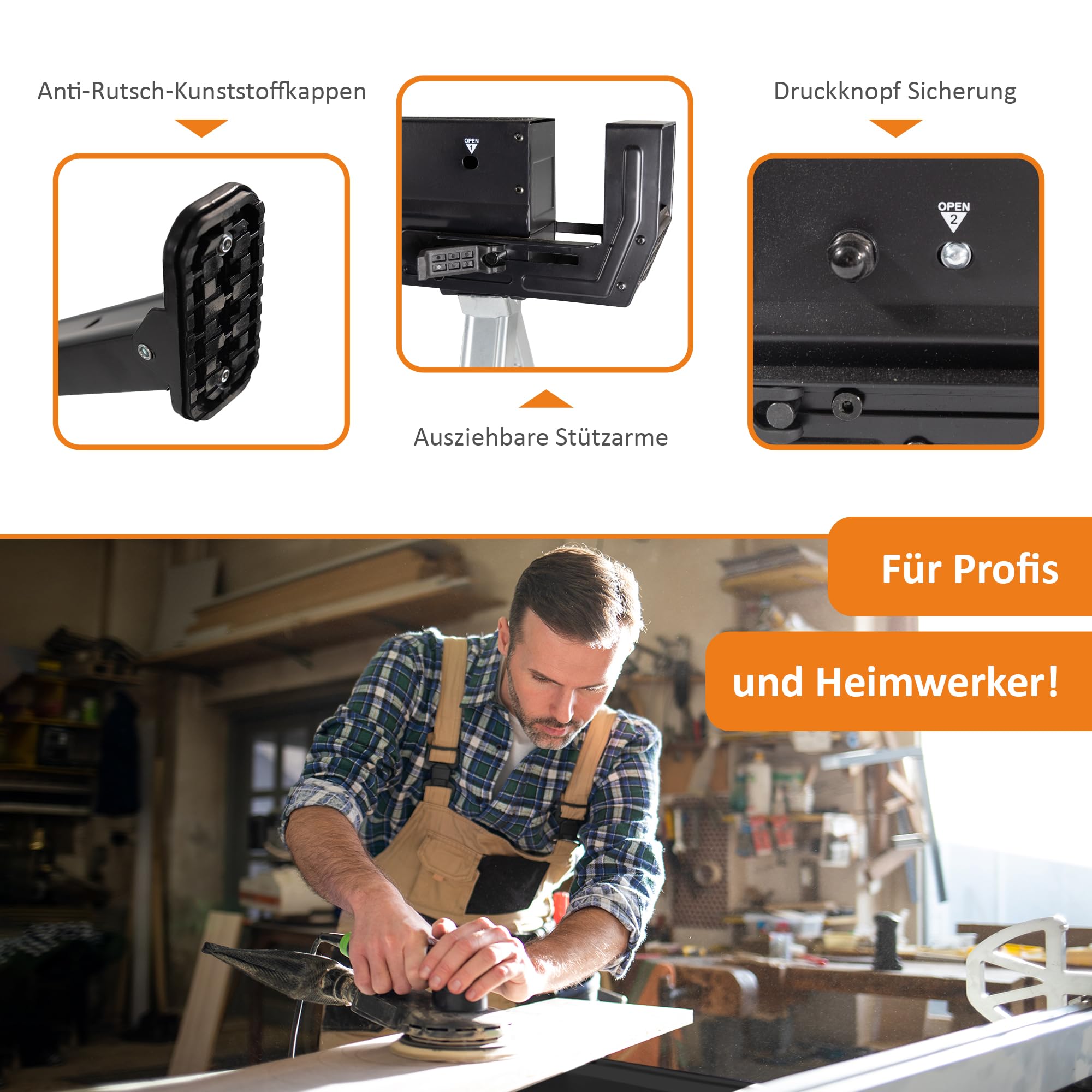 Lemodo Premium Arbeitsbock höhenverstellbar | Klappbock 2er Set | Montagebock mit 590 kg Tragkraft | Unterstellbock mit verstellbaren Halterungen an der Seite
