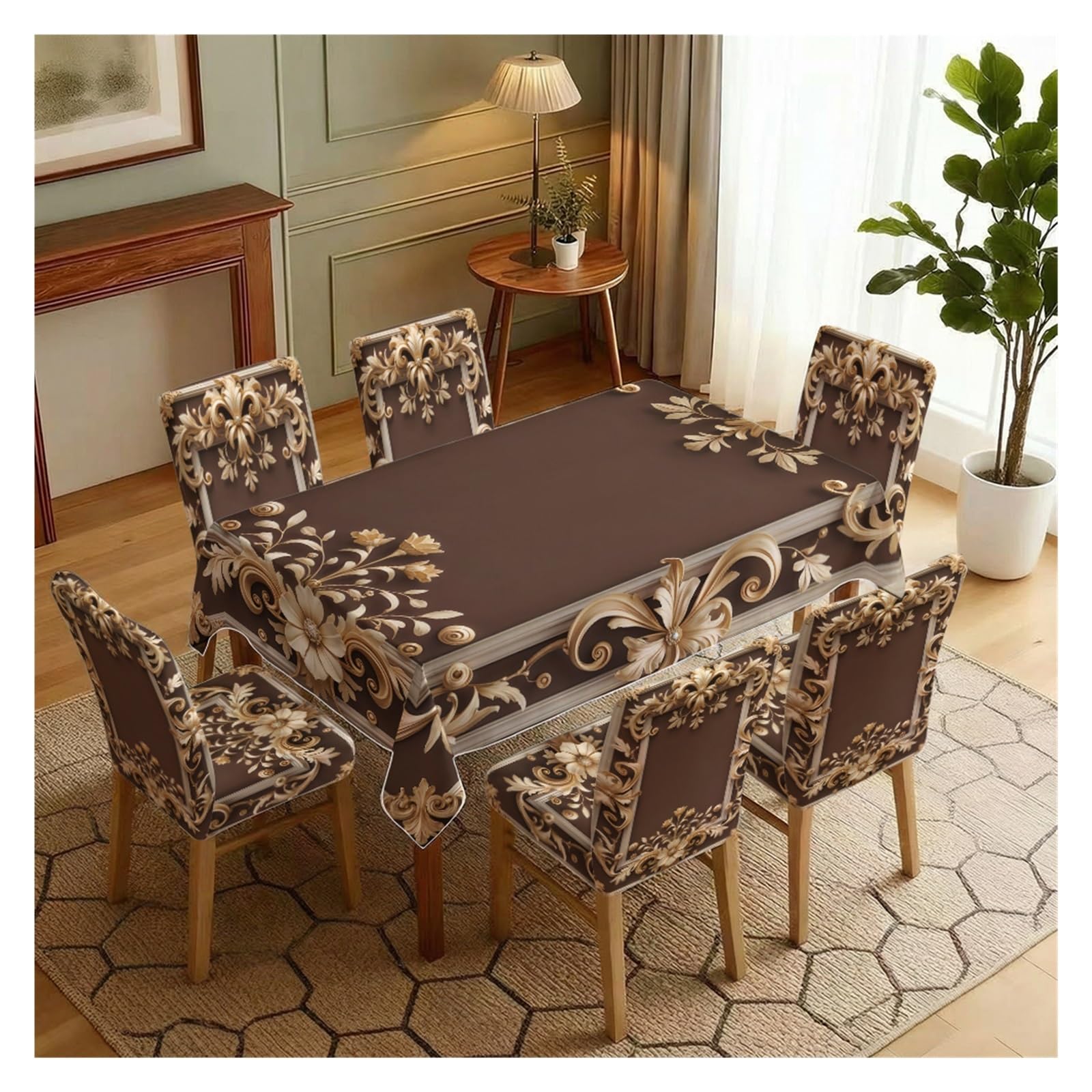 KXUAUV Luxury Gold Baroque Print Stretch Dining Chair Covers Tablecloth Set, For Kitchen Dining Living Room Elegant Decor, 5/7 Pack Party Decor(7pcs Set: Tablecloth+Chair Covers)