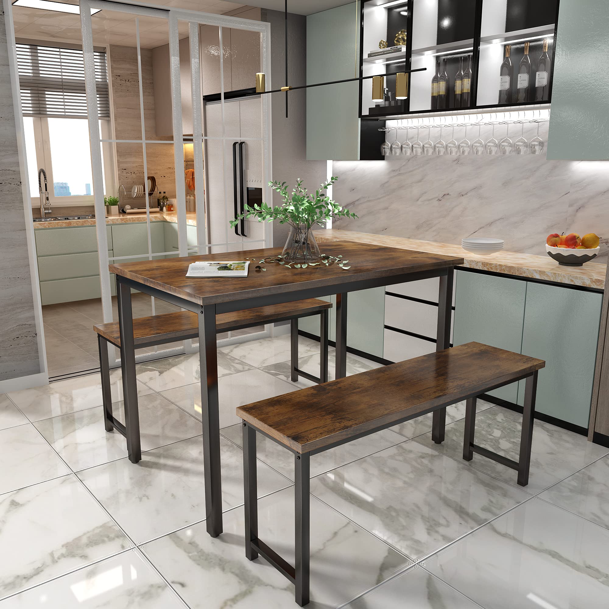 AWQM 3-Piece Dining Table & Chair Set for 4 People, Metal Frame and MDF Board Furniture with Two Benches, Perfect for Kitchen, Dining Room, Breakfast