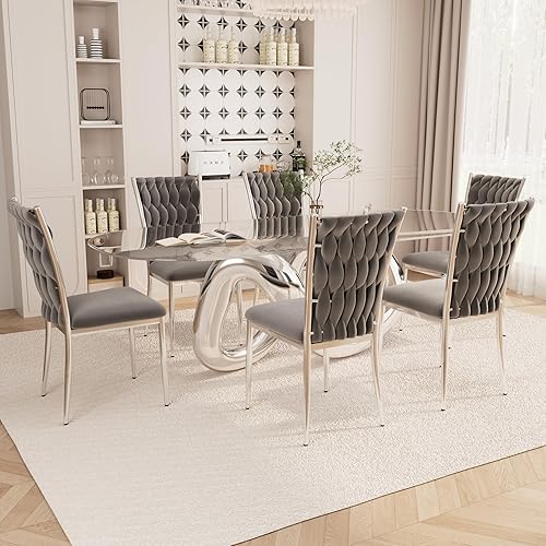 Miniatura 28 de Juego de 6 sillas de comedor de terciopelo, modernas sillas de cocina tejidas con patas de metal plateado, cojín tapizado con respaldo alto, Patas