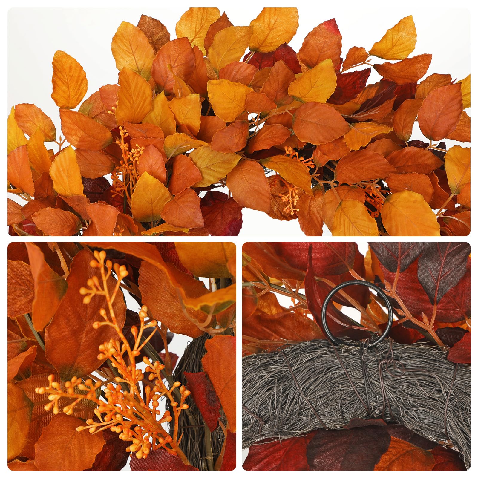 Künstlicher Herbstkranz für Tür – 61 cm Türkranz mit Herbstlaub & Beeren– Orange Gelb Herbstdeko für Haustür, Halloween & Erntedank – Innen & überdachten Außenbereich