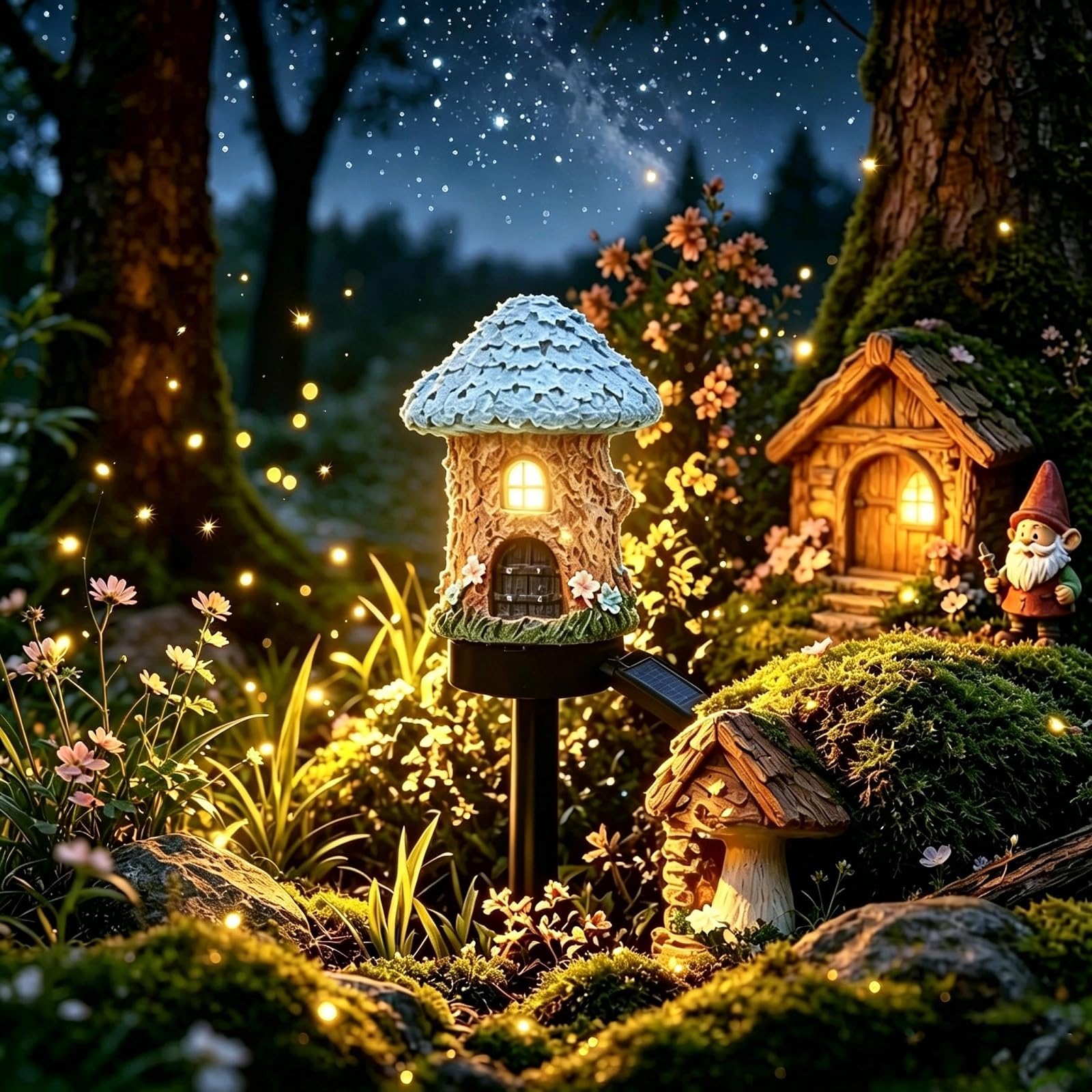 Introti Purple Solar Mushroom Cottage Garden Light, Waterproof Led Fairy House Outdoor Lamp, Auto On/Off Resin Pathway Light For Patio Lawn Flower Bed Yard Decor