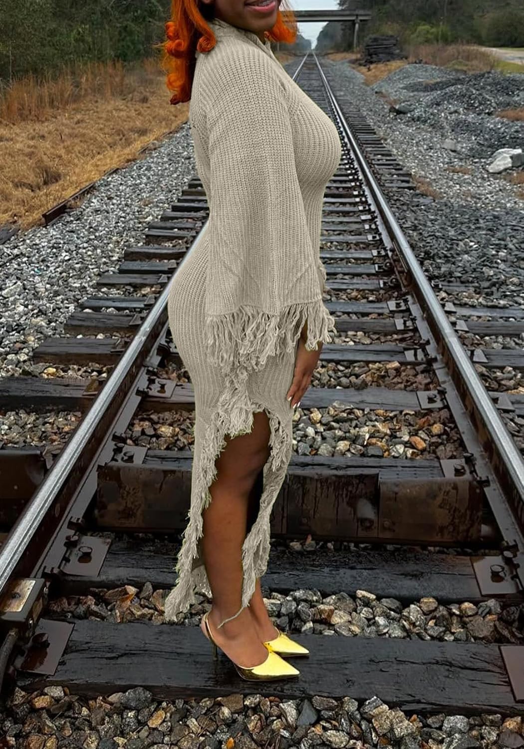 SHINFY Women Fall Batwing Sleeves Sweater Dress Tassel Fringe High Slit Bodycon Ribbed Knit Elegant Midi Dresses - Image 4