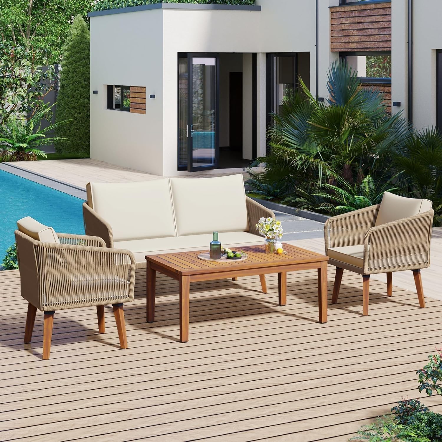 4 Piece All Weather Outdoor Patio Conversation Set with Cushions, Sectional Sofa Set Featuring Loveseat, 2 Chairs and Table, Patio Furniture for Backyard Poolside Lounge Seating Area