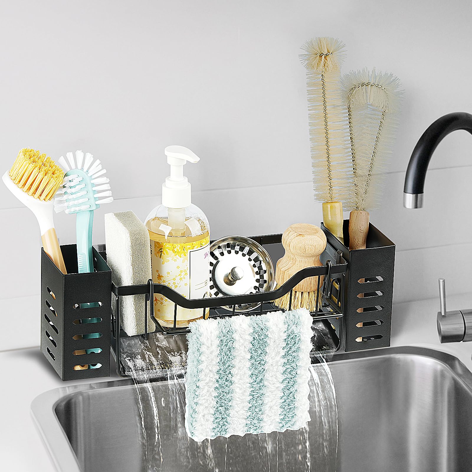 LBTING Sink Caddy for Kitchen, Wall Mounted Sponge Holder with 2 Brush Storage Slots, Self-Draining Carbon Steel Kitchen Sink Caddy for Organizing Sponge, Brush, Soap Dish Dispenser – Black