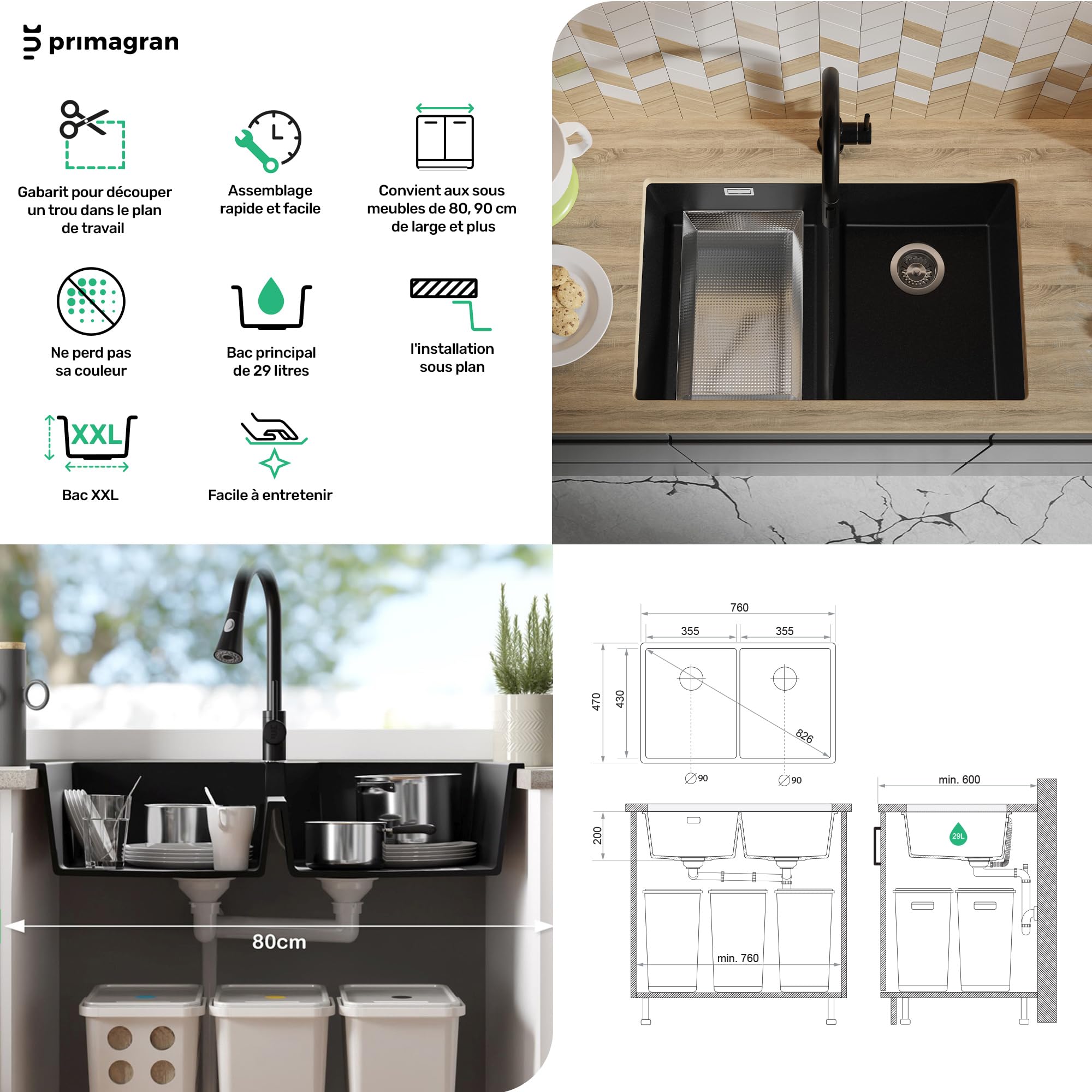PRIMAGRAN Evier Sous Plan Tout Beige 76x47cm, Evier en Granit 2 bacs + Robinet 40x20cm + Set d’accessoires, Évier au Meuble 80cm - London Twin S082