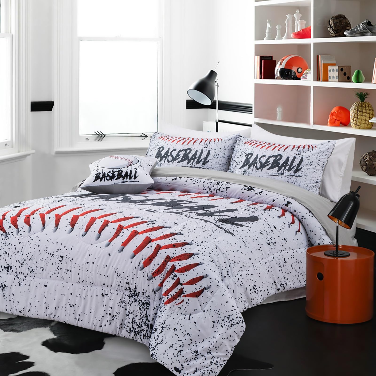 A Nice Night 3D Baseball Print 6Ppcs Comforter Set,Vibrant Splatters of Black Paint Bedding Sets for Teen Boys,Twin