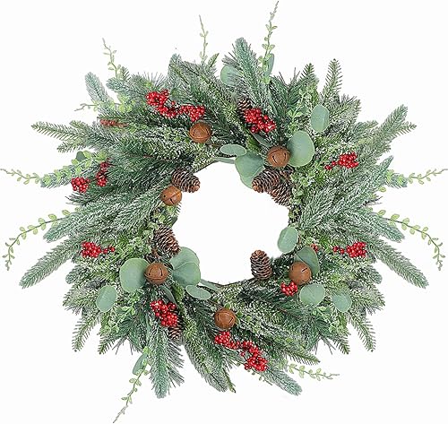 Corona de Navidad grande de 24 pulgadas con campanas de bayas de piña, decoración de Navidad para puerta delantera, corona para exteriores,