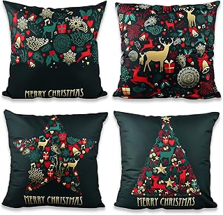 Housse de Coussin Noel, Taie Oreiller Noël, 4pcs Coussin Taie d'oreiller Noël, 45x45cm Housse de Coussin Decoration AVCE Fermeture Éclair Cachée, Coussin Taie d'oreiller Noël pour Canapé Lit Voiture