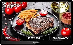 SYLVOX TV flip down de 15,6 polegadas para embaixo do armário, TV pequena de 12 volts com rotação de 90 graus, redução de ruído digital e design de armazenamento para cozinha, quarto, trailer e iate