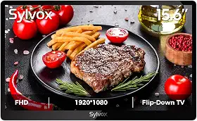 SYLVOX TV flip down de 15,6 polegadas para embaixo do armário, TV pequena de 12 volts com rotação de 90 graus, redução de ruído digital e design de armazenamento para cozinha, quarto, trailer e iate