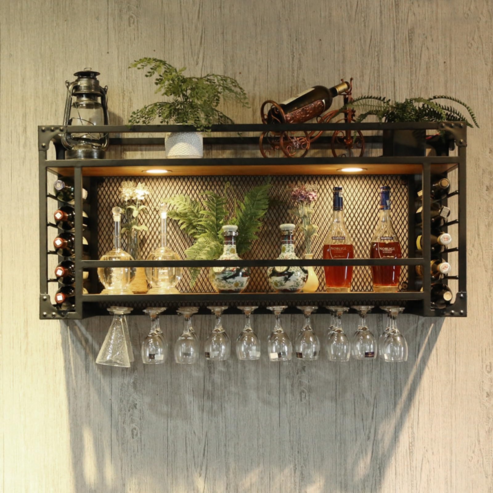 Étagère à vin murale industrielle en métal avec support de verres pour cuisine et bar