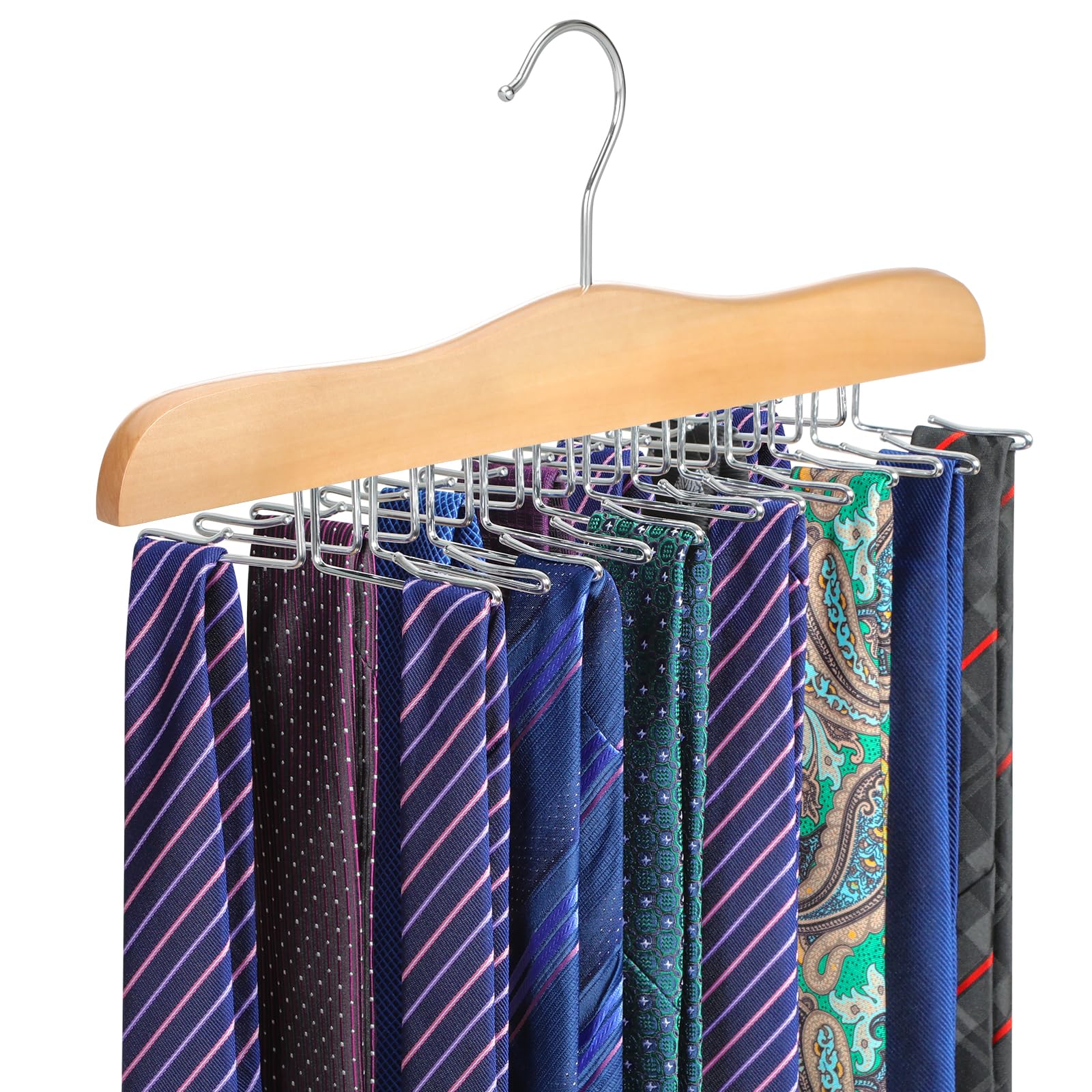 TOPIA HANGER Tie Rack Hanger for Closet, Wooden Tie Organizer for Men with 24 Folding Hooks, Space Saving Necktie Holder for Storage and Display Bra, Tank Top, Camisole (1-Pack), Natural- CT14N