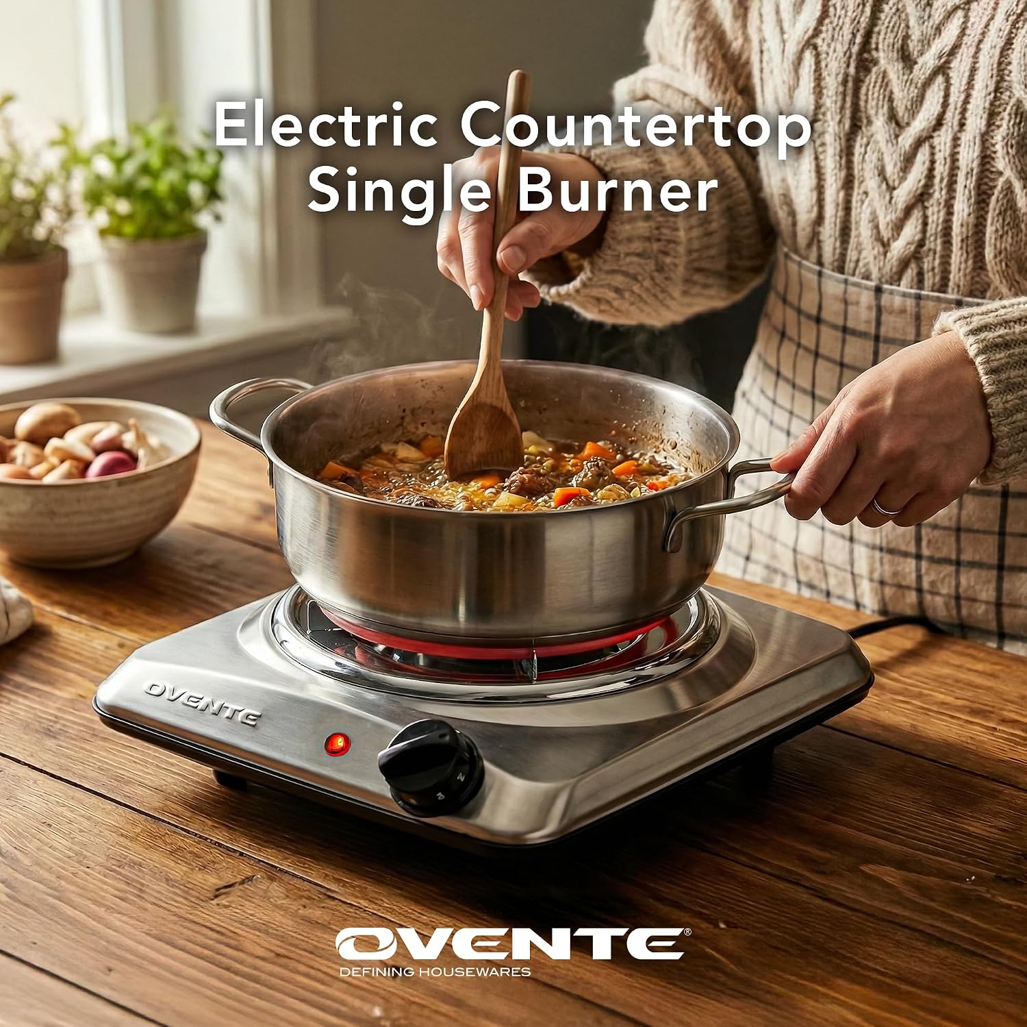 OVENTE Electric Countertop Single Burner, 1000W Cooktop with 6" Stainless Steel Coil Hot Plate, 5 Level Temperature Control, Indicator Light, Compact Cooking Stove and Easy to Clean, Silver BGC101S
