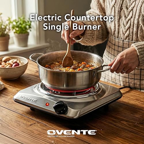 Miniatura 5 de OVENTE Quemador eléctrico individual para encimera, placa de cocina de 1000 W con placa caliente de bobina de acero inoxidable de 6 pulgadas,