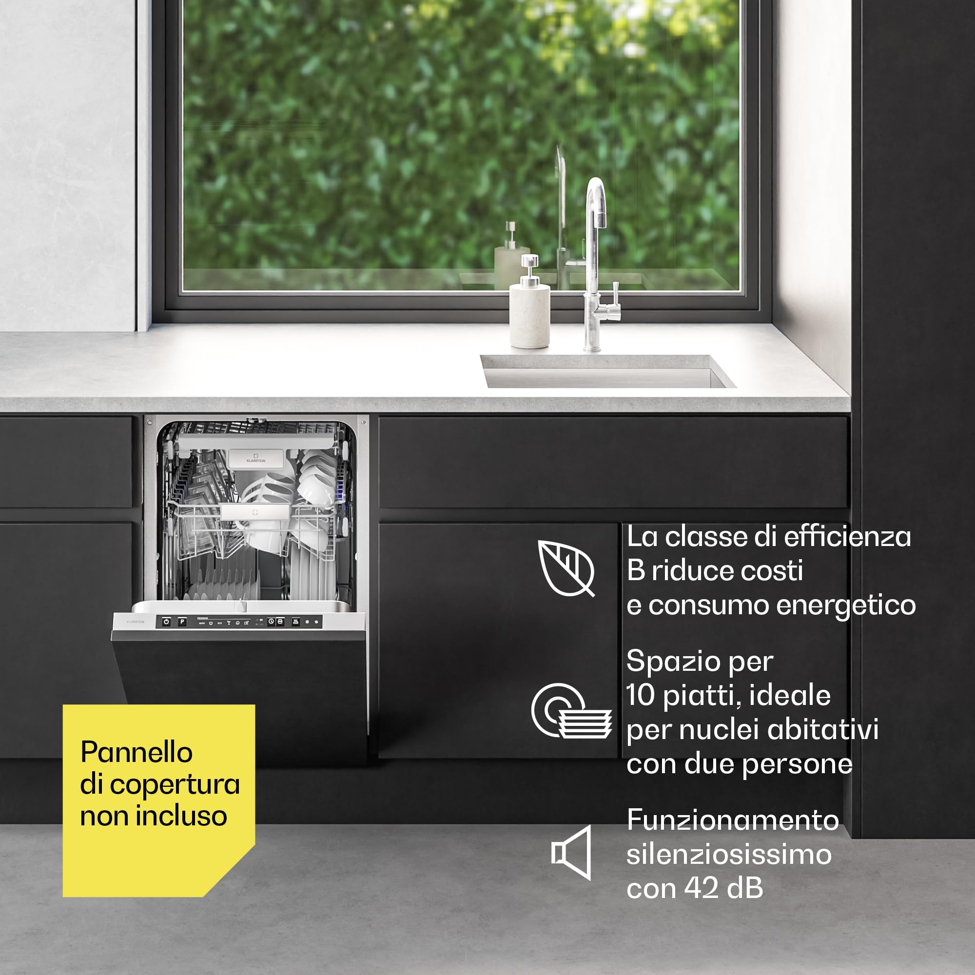 Klarstein Velaire Lavastoviglie da Incasso 45cm - Completamente Integrata, 10 Coperti, 6 Programmi, 42 dB, Classe B, AquaStop, Lavastoviglie Incasso, Display, Acciaio
