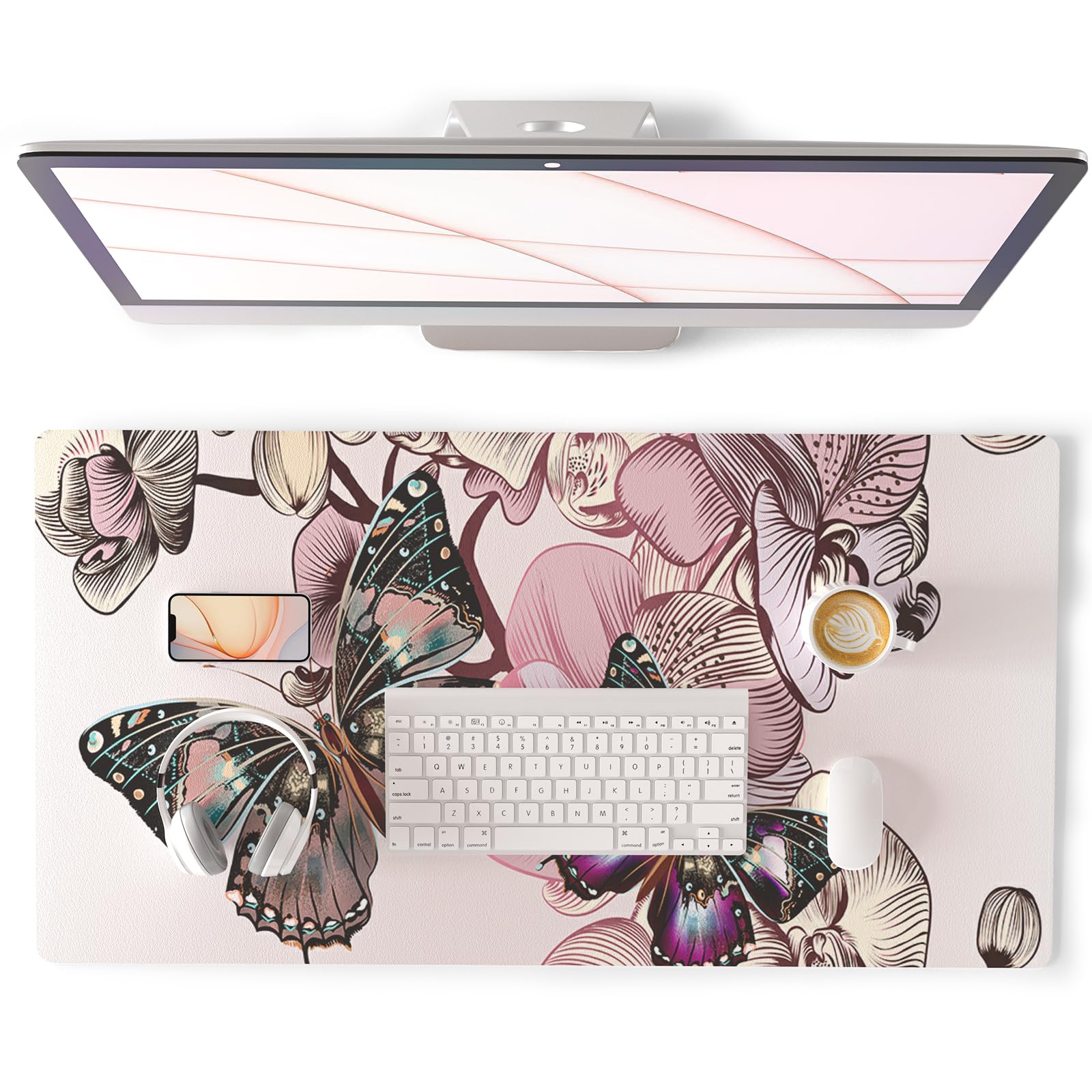 QIYI Large Mouse Pad, PU Leather Desk Blotter Protector, Waterproof Computer Desk Mat, Butterflies Keyboard Mouse Pads, Non Slip Base Home & Office