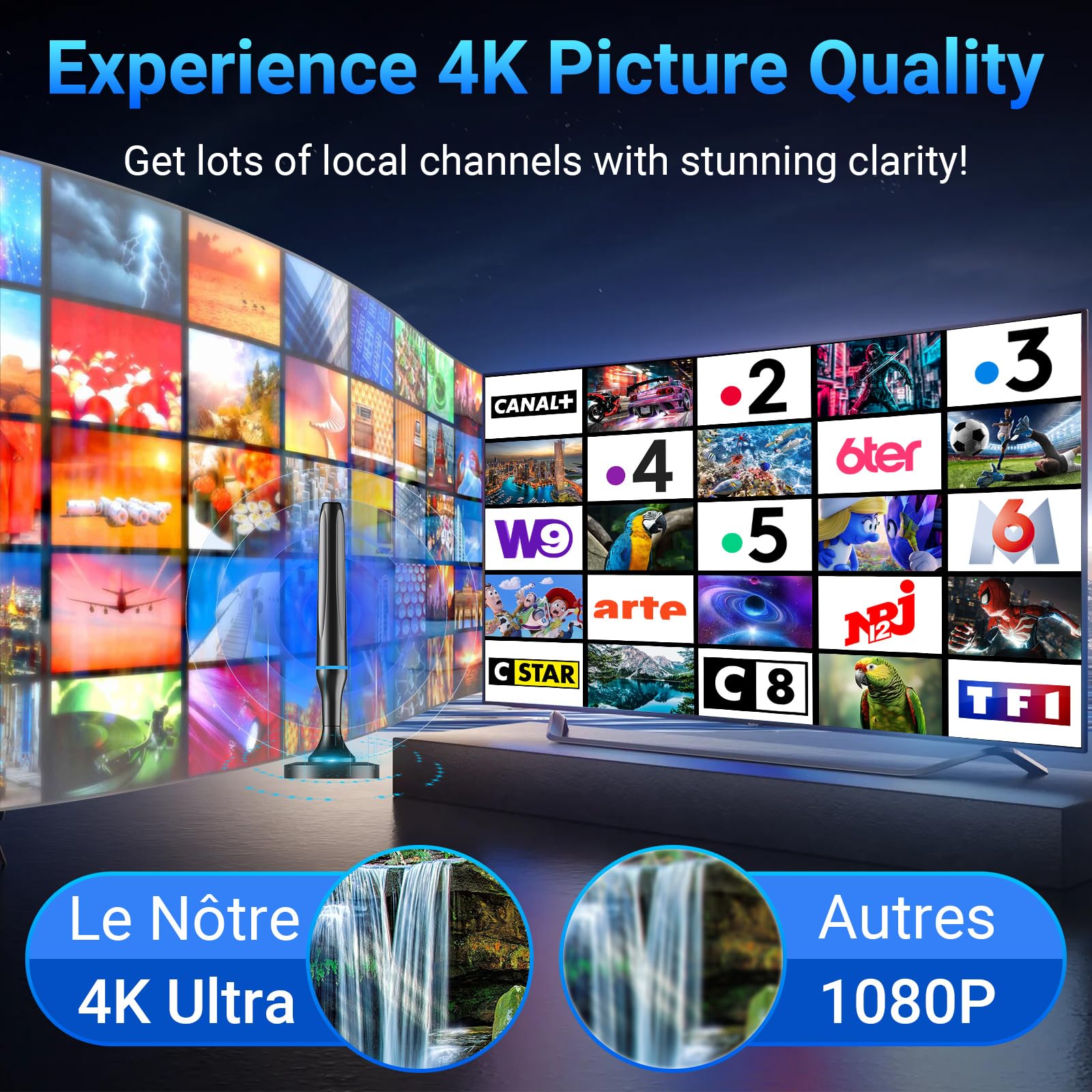 Antenne TV Intérieur Puissante TNT HD, 2026 Puissante Antenne TV Intérieur de Base magnétique puissante - 80km Réception Longue Portée à 360°, Compatible avec Portable 4K 1080P et Tous Les TVs (Bleu)