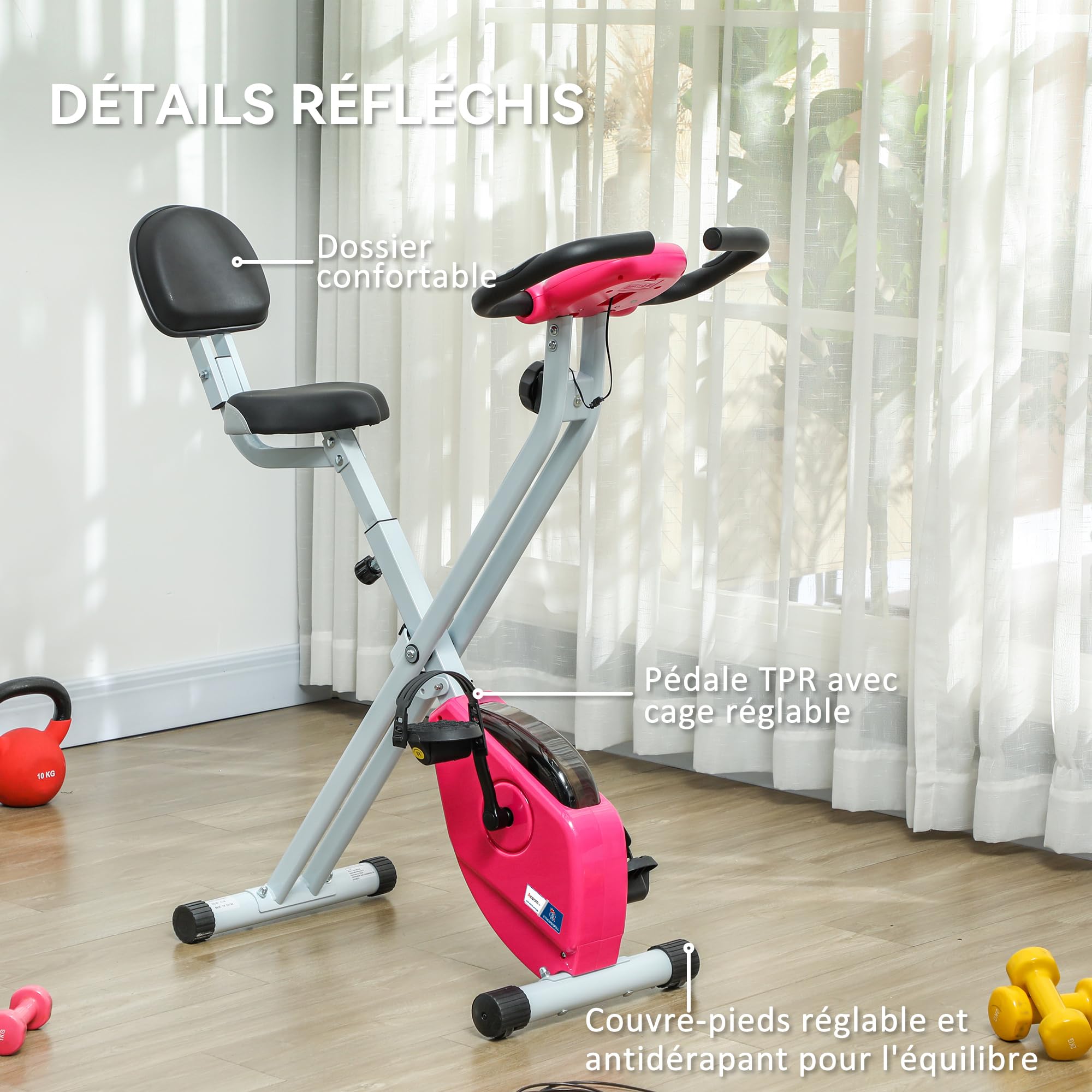 HOMCOM Vélo d'Appartement Magnétique Pliable - Collaboration Aosom.fr x FFHandball - Vélo de Fitness en X Silencieux pour Sport Maison et Cardio-training - Écran LCD & Capteur Pouls