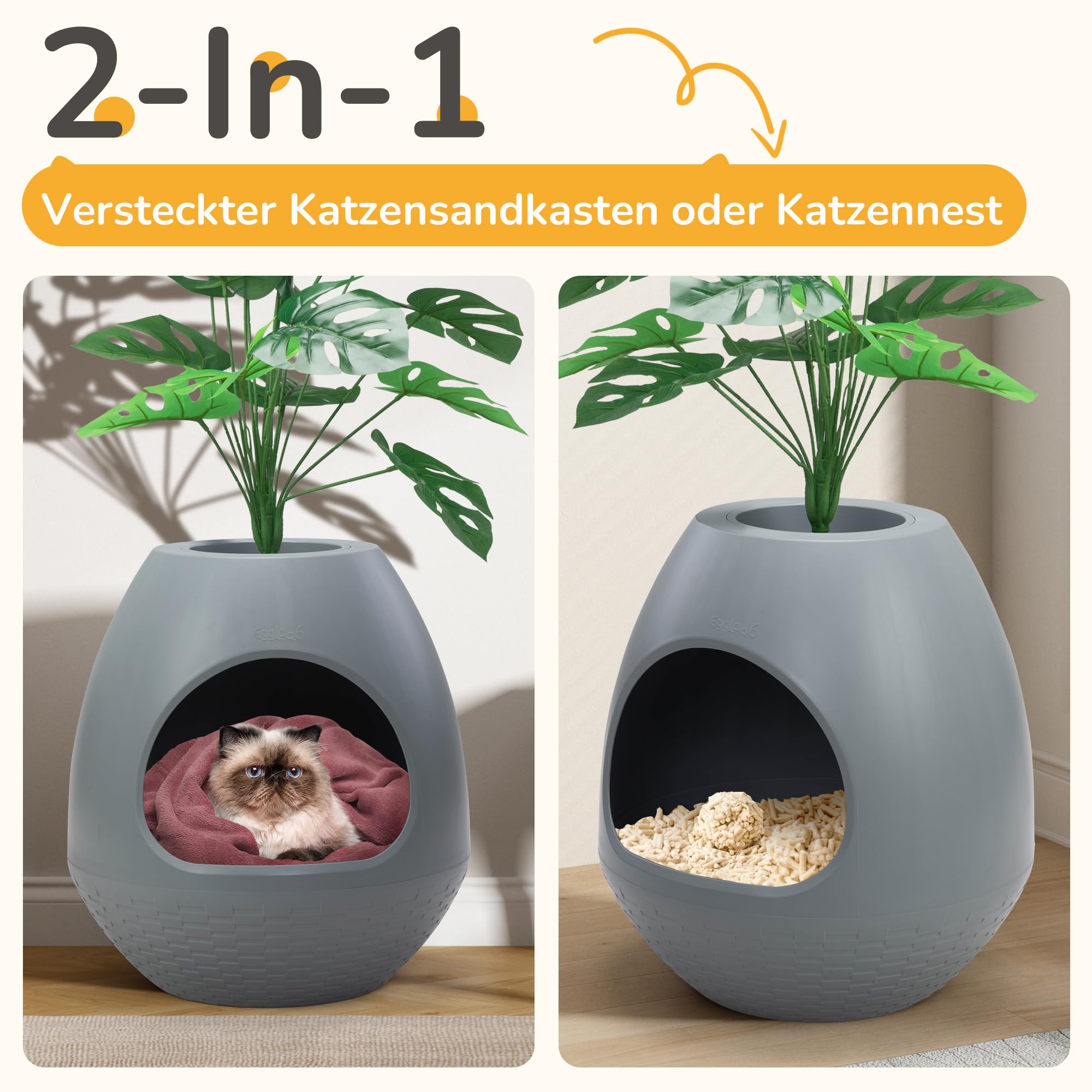 Arenero para gatos como maceta, caja de arena multifuncional con tapa y planta, arenero para gatos oculto, ideal para la mayoría de los gatos, la elección ideal para apartamentos y oficinas (gris)