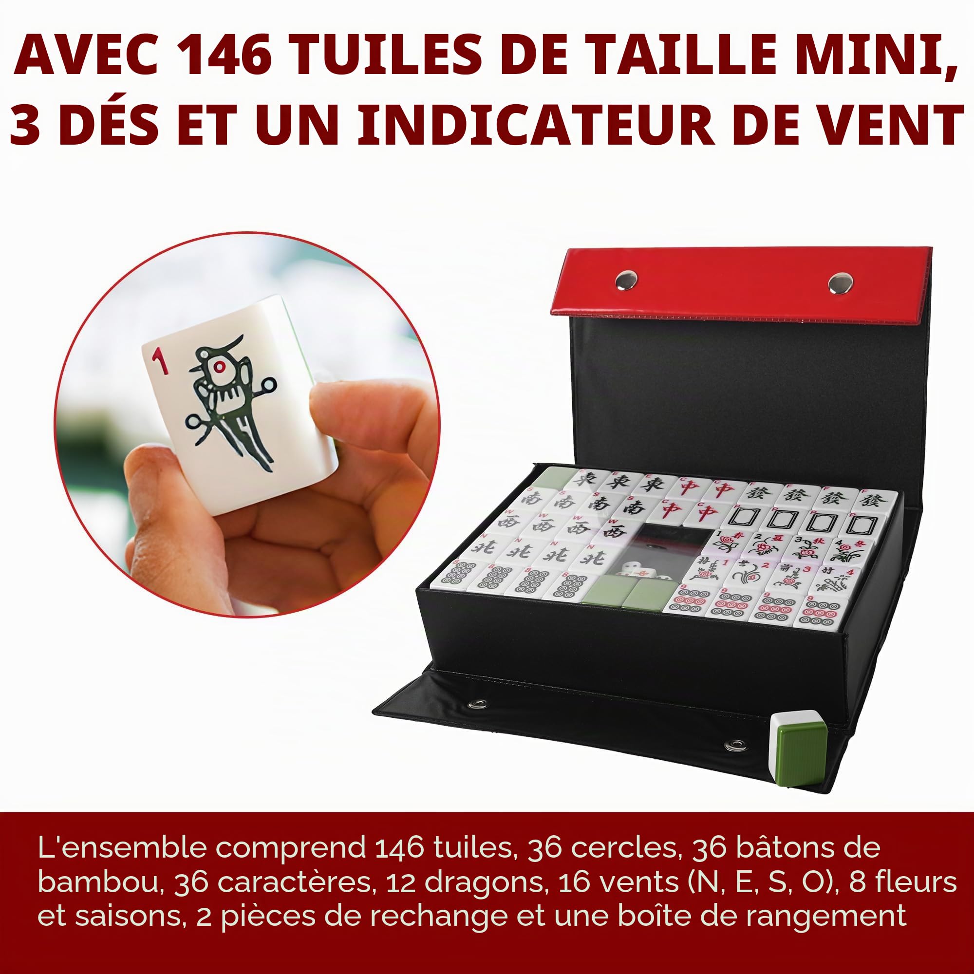Nisorpa Ensemble de Mahjong Chinois 3 x 2,25 cm - Structure Solide, Facile à Lire, Taille Moyenne - Jeu Complet pour Voyage, Fête, Famille (3 x 2,25 x 1,7)