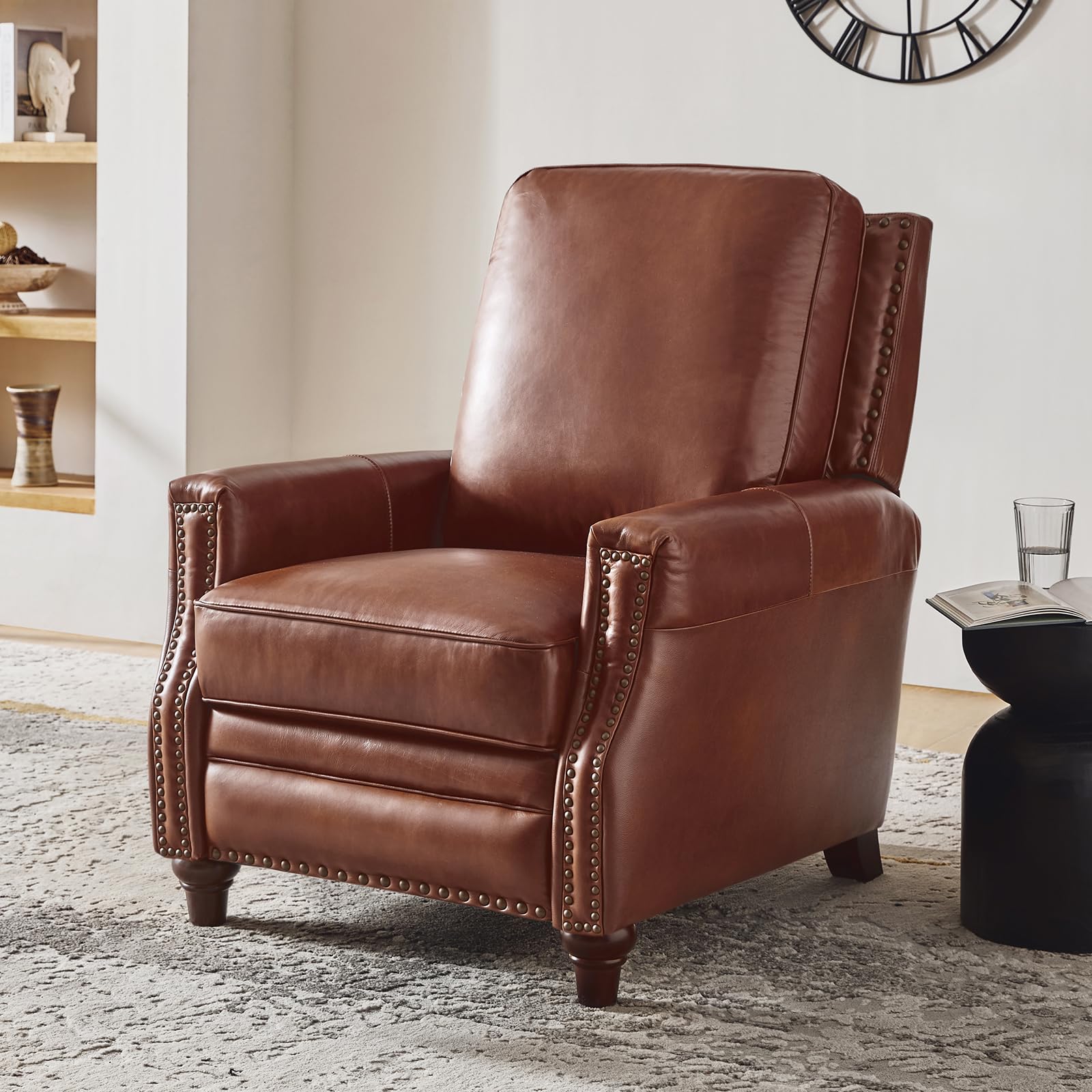 HULALA HOME Genuine Leather Manual Recliner Chair,Classic Push Back Reclining Armchair Sofa with Thick Seat, Adjustable Backrest & Nailhead Trim for
