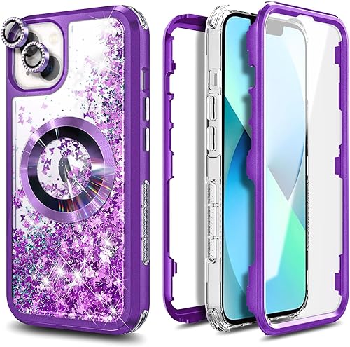 Miniatura 5 de Funda magnética para iPhone 13 compatible con MagSafe protector de pantalla integrado cordón de correa de muñeca de diamante, bonita funda líquida