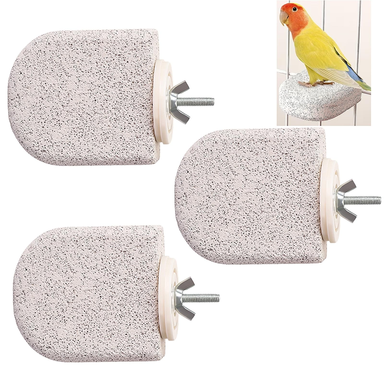 3PCS Pet Grinding Stone Perch Set,Natural Pumice Bird Perch Platform,Pet Teeth Grinding Stone,Bird P/erch Stands,Platform P/erch for B/ird Cage,Sand Perches for Bi/rds,Easy Cage Attachment
