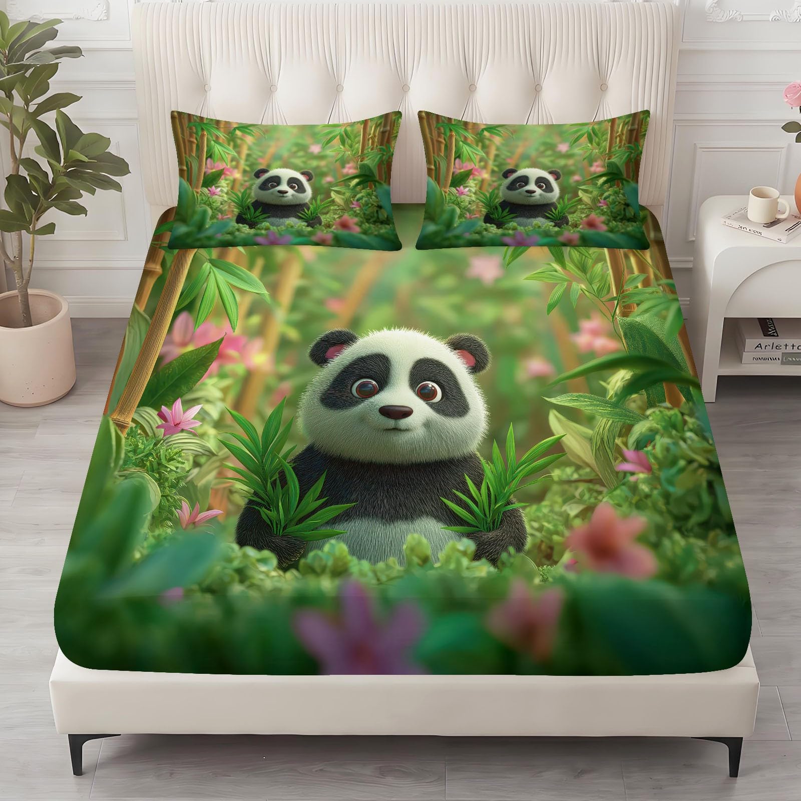Prześcieradła z gumką z motywem leśnych kwiatów, gigantyczna panda, 30 cm, głębokie dopasowanie, miękka szczotkowana mikrofibra, oddychające, odporne na blaknięcie, kreskówkowe zwierzę, zestaw