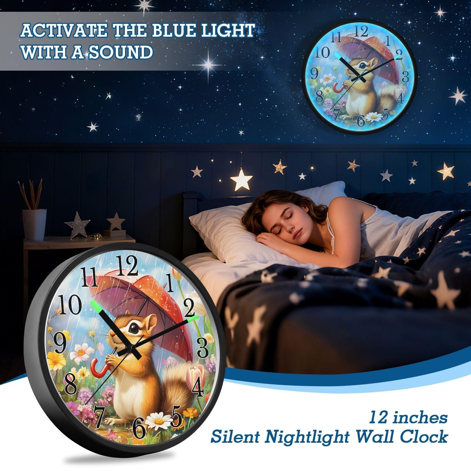 Mnsruu Reloj de pared luminoso con diseño de paraguas y flores, reloj de pared que brilla en la oscuridad, funciona con pilas, silencioso, sin tictac, luz nocturna para dormitorio
