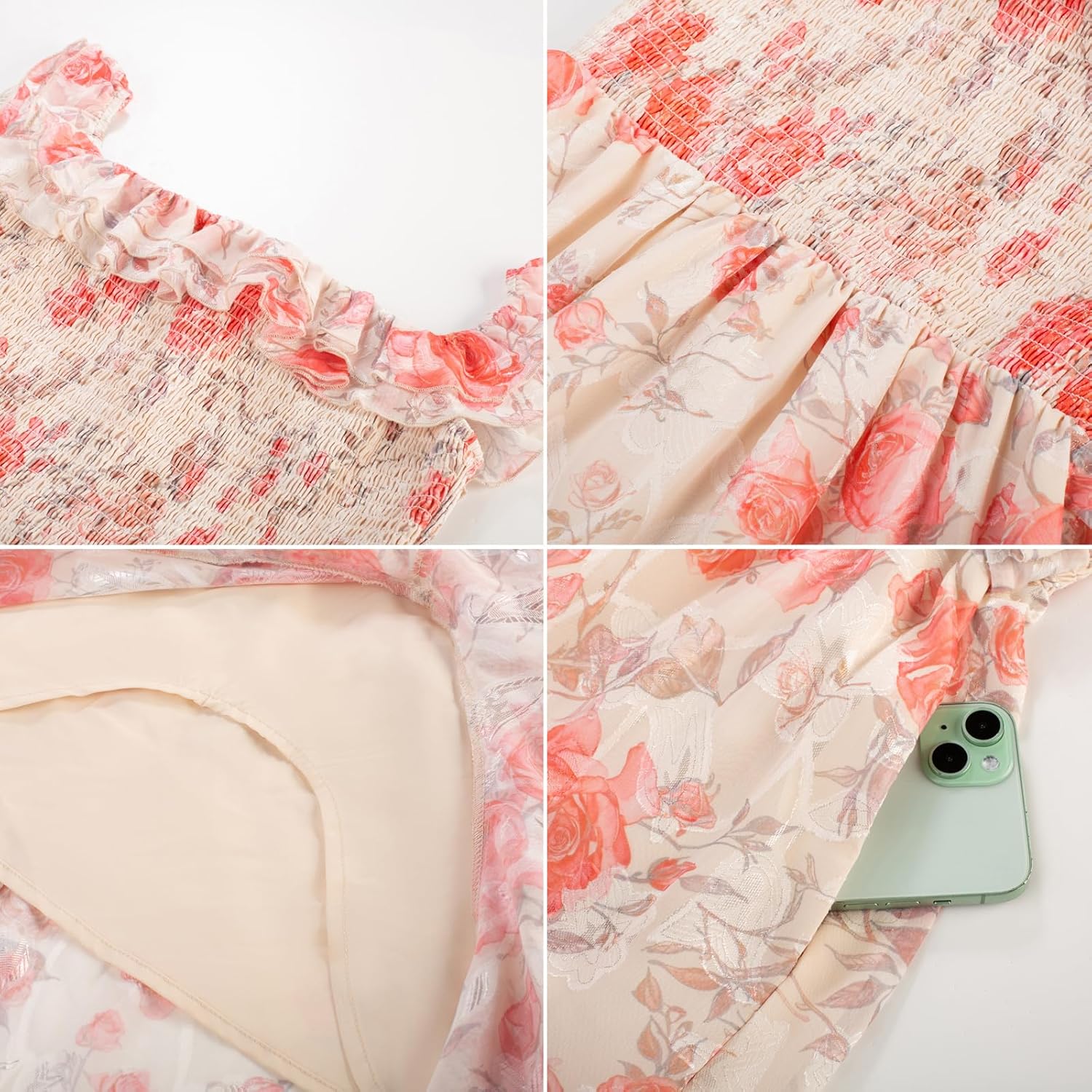 GRACE KARIN Women's Floral Print Maxi Dress Off Shoulder Smocked A Line Flowy Ruffle Wedding Guest Dresses with Pockets